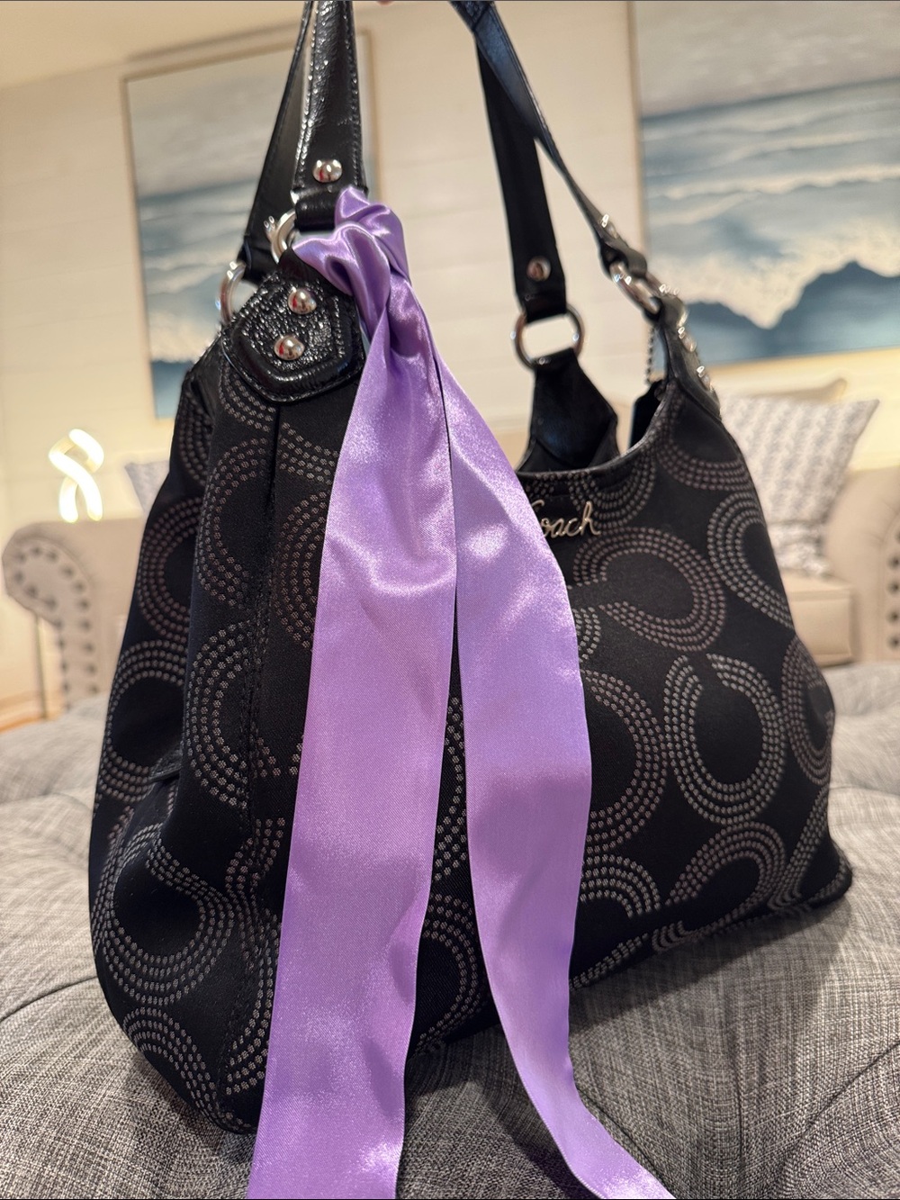 Coach Bag Ashley Dotted Op Art Black Signature Logo Hobo Shoulder Bag - Picture 3 of 17